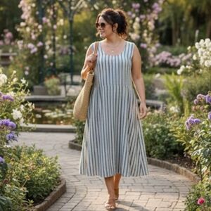 In Every Story Linen Blend Striped Midi Dress Smocked Sides Lined SZ 20